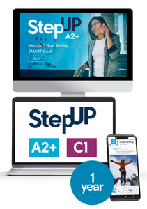 Een computerscherm, laptop en telefoon die alle drie screenshots tonen van de StepUp-website. Eroverheen een circel met de tekst "1 year".