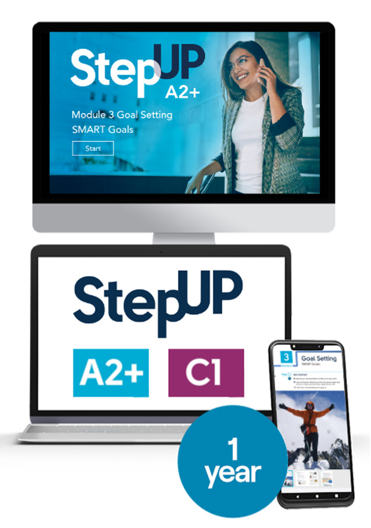 Een computerscherm, laptop en telefoon die alle drie screenshots tonen van de StepUp-website. Eroverheen een circel met de tekst 