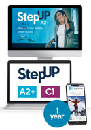 Een computerscherm, laptop en telefoon die alle drie screenshots tonen van de StepUp-website. Eroverheen een circel met de tekst 