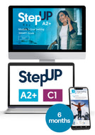 Een computerscherm, laptop en telefoon die alle drie screenshots tonen van de StepUp-website. Eroverheen een circel met de tekst 