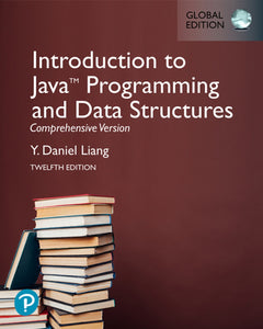 Omslag van "Introduction to Java Programming and Data Structures, Comprehensive Version, 12th edition" door Daniel Liang, met daarop een stapel boeken tegen een bruine achtergrond. 