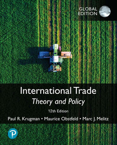 Omslag van International Trade: Theory and Policy, 12th edition" door Krugman, Obstfield en Melitz, met doorop een bovenaanzicht van een langbouwmachine op een groene  akker.