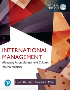 Omslag van "International Management: Managing Across Borders and Cultures, 10th edition" door Deresky en Miller, met daarop een abstract patroon van driehoeken en stippen.