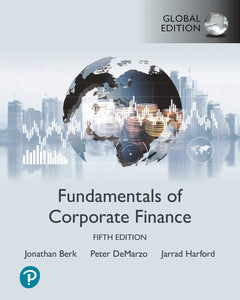 Omslag van "Fundamentals of Corporate Finance, 5th edition" door Berk, DeMarzo en Hrford, met daarop een wereldbol tegen een lichte achergrond van kantoorgebouwen.