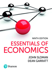 Omslag van "Essentials of Economics, 9th edition" door Sloman en Garratt, met daarop een netwek van zilveren knikkers, de voorste rood, verbonden door metalen staven.