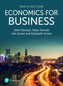 Omslag van "Economics for Business, 9th edition" door Sloman, Garratt, Guest en Jones, met daarop een snelweg die richting een grote stat loopt, felverlicht in de avond.