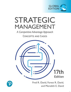 Omslag van "Strategic Management: A Competitive Advantage Approach, Concepts and Cases, 17th edition" van David, David en David, met een cirkelvormig doolof met een blauwe pijl erdoorheen tegen een witte achtergrond.