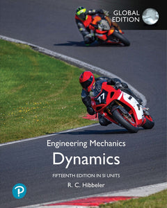 Omslag van "Engineering Mechanics: Dynamics, 15th edition" van Hibbeler, met daarop twee motorrijders tijdens een race.