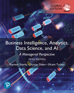 Omslag van "Business Intelligence, Analytics, Data Science, and AI, 5th edition" door Sharda, Delen en Turban, met daarop een stroomdaigram tegen een transparant blauwe achtergrond.