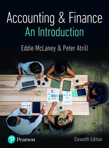 Omslag van "Accounting and Finance: An Introduction, 11th edition" van McLaney en Atrill, met daarop een bovenaanziht van vijf mensen aan een vergadertafel gevuld met laptops en rapporten.