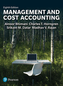 Omslag van "Management and Cost Accounting, 8th edition" door Bhimani, Horngren en anderen, met daarop een bureau met een laptop in een berkenbos.