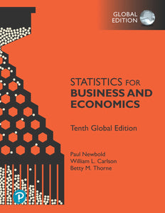 Omslag van "Statistics for Business and Economics, 10th edition" door Newbold, Carlson en Thorne, met daarop een gestileerde sorteermachine tegen een rode achtergrond.