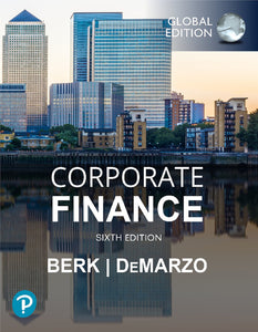 Omslag voor "Corporate Finance, 6th edition" van Berk en DeMarzo, met daarop een modern zakendistrict gereflecteerd in water.