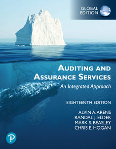 Omslag van "Auditing and Assurance Services, Global Edition, 18th edition" door Arens, Elder, Beasley en Hogan, met daarop een ijsberg. Zowel het deel boven als onder water is zichtbaar, en er zwemt een walvis langs.