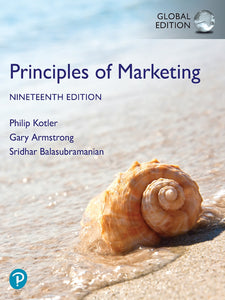 Omslag van "Principles of Marketing, 19th edition" door Kotler, Armstrong en Balasubramanian, met daarop een spiraalvormige schelp in de branding.