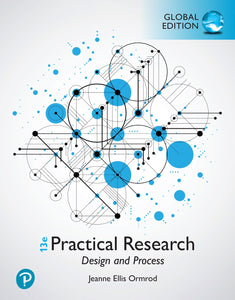 Omslag van "Practical Research: Design and Process, 13th edition" door Jeann Ellis Omrod, met daarop een grafisch patroon van stippen en cirkels tegen een witte achtergrond.