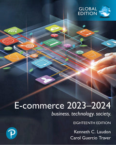 Omslag van "E-commerce 2023-2024. Business, technology, society, 18th edition" door Laudon en Guerica Traver, met daarop een hand op een touchscreen waar verschillende iconen en lijnen boven zweven.