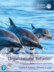 Omslag van "Organizational Behavior, 19th edition" door Roberts en Judge, met daarop drie dolfijnen. 