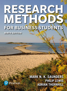 Omslag van "Research Methods for Business Students, 9th edition" door Sauders, Lewis en Thornhill, met daaop een strand en een schiereiland.