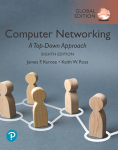 Omslag van "Computer Networking, Global Edition, 8th edition" door Kurose en Ross, met daarop vijf houten poppetjes verbonden door witte lijnen.