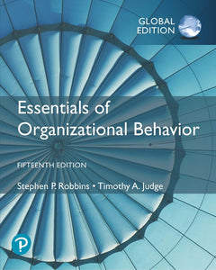 Omslag van "Essentials of Organizational Behavior, 15th Edition" door Robbins en Judge, de binnekant van een blauwe heteluchtballon. 