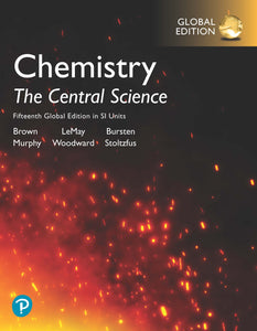 Omslag van "Chemistry. The Central Science, 15th  SI edition" door Brown, LeMay, Bursten en anderen, met daarop een detail van een vuur, lopend van een geel centrum naar een rand vol rode vonken.