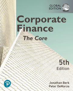 Omslag van "Corporate Finance: The Core, 5th edition" door Berk en DeMarzo, met daarop een detail van een modern gebouw tegen een lichtgroene lucht.