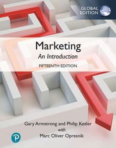 Omslag van "Marketing: An Introduction, 15th edition" van Armstrong en Kotler met Opresnik, met daarop een doolfhof waar een rode pijl doorheen loopt.