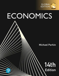 Omslag van "Economics, 14th edition" door Michael Parking, met daarop een driehoekig geometrisch figuur tegen een zwarte achtergrond. 