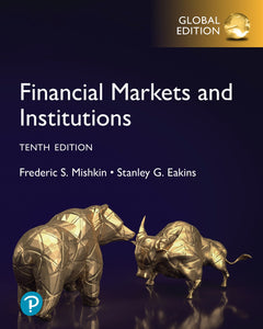 Omslag van "Financial Markets and Institutions, 10th edition" door Mishkin en Eakins, met daarop gouden beeldjes van een beer en een stier..