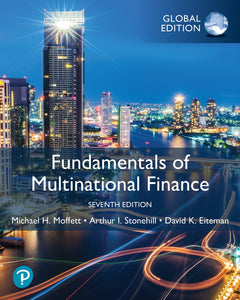 Omslag van "Fundamentals of Multinational Finance, 7th edition" door Moffett, Stonehill en Eiterman, met daarop een helder verlicht modern zakendistrict in de avond.