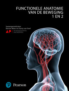 Omslag van "Functionele anatomie van de beweging 1 en 2" van AP Hogeschool Antwerpen, met daarop een doorschijnend hoofd met de hersenen en bloedvaten zichtbaar.