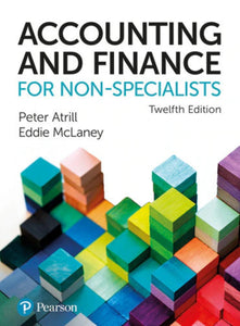 Omslag van "Accounting and Finance for Non-Specialists, 12th edition" door Atril en McLaney, met daarop een driedimensionale grafiel van kleurige houten blokjes. 