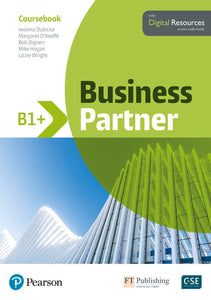 Boekomslag van "Business Partner B1+" door Dubicka, O'Keeffe en anderen met daarop een abstract beeld van een gedeeltelijke groene cirkel en een golvend modern gebouw.