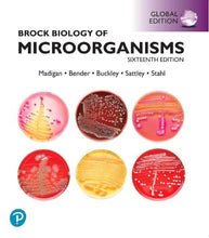 thumbnail: Omslag van "Brock Biology of Microorganisms, 16th edition" door Madigan, Bender en anderen, met daarop zes petrischaaltje met veelkleurige micro-organismen.